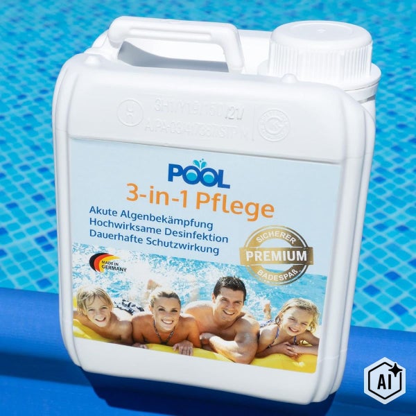 Kanister mit Pool 3 in 1 Pflege für Algenbekämpfung Desinfektion und Schutzwirkung vor einem Poolhintergrund.