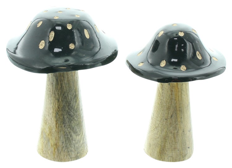 Zwei dekorative Pilze mit Holzfuß und lackiertem Hut