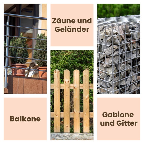 Collage mit verschiedenen Zaun- und Geländerlösungen: Balkongeländer aus Metall, Holzzaun und mit Steinen gefüllte Gabione.
