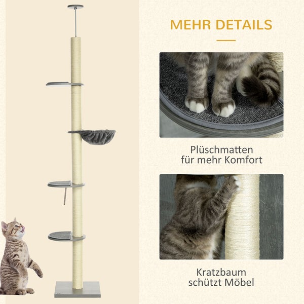 PawHut Kratzbaum, Katzenkratzbaum Deckenhoch, 230-250 cm, Kletterbaum mit Hängematte, Katzenbaum Höhenverstellbar, Spielbaum mit Kippschutz, Plüsch, Grau+Cremeweiß