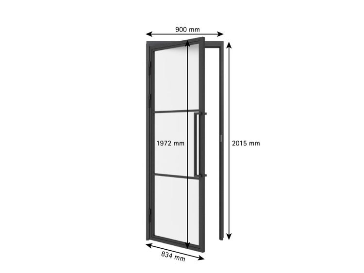 Glastür satiniert Komplettset mit Beschlag Loftstil 834x1972mm DIN Links  - Griffstange Drehtür