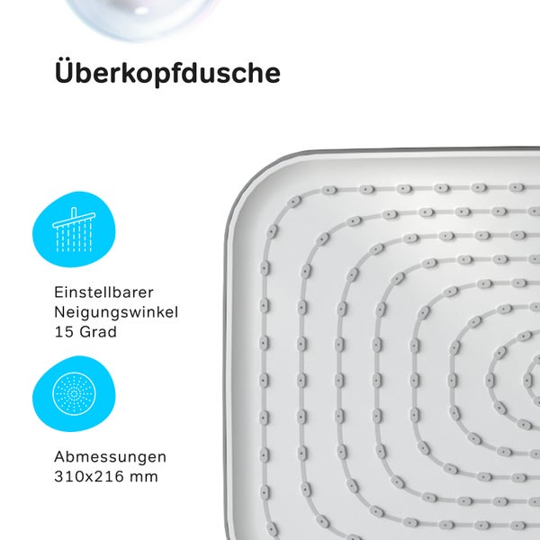 Quadratische Überkopfdusche mit einstellbarem Neigungswinkel von 15 Grad und Abmessungen von 310 mal 216 Millimeter.