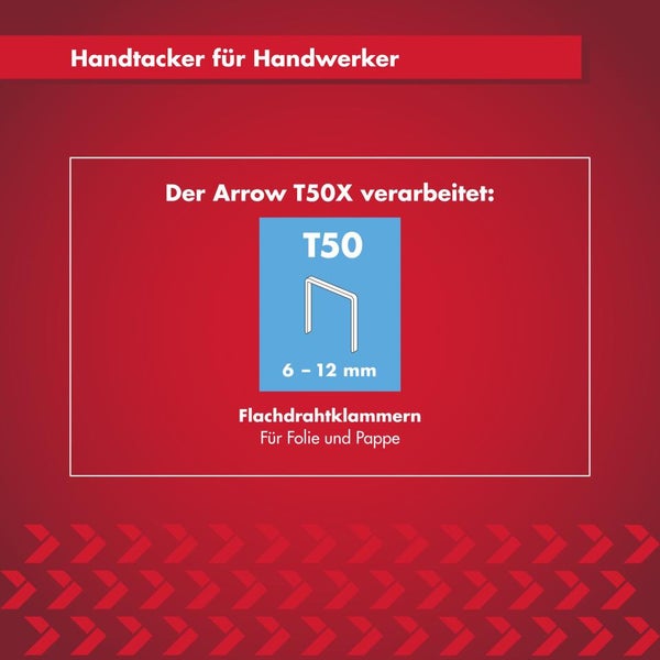 Infografik zum Arrow T50X Handtacker: Verarbeitet T50 Flachdrahtklammern von 6 bis 12 mm für Folie und Pappe.