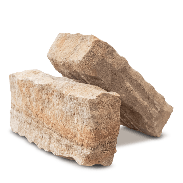 Zwei quaderförmige Mauersteine aus Naturstein mit unregelmäßiger, rauer Oberfläche für den Gartenbau.