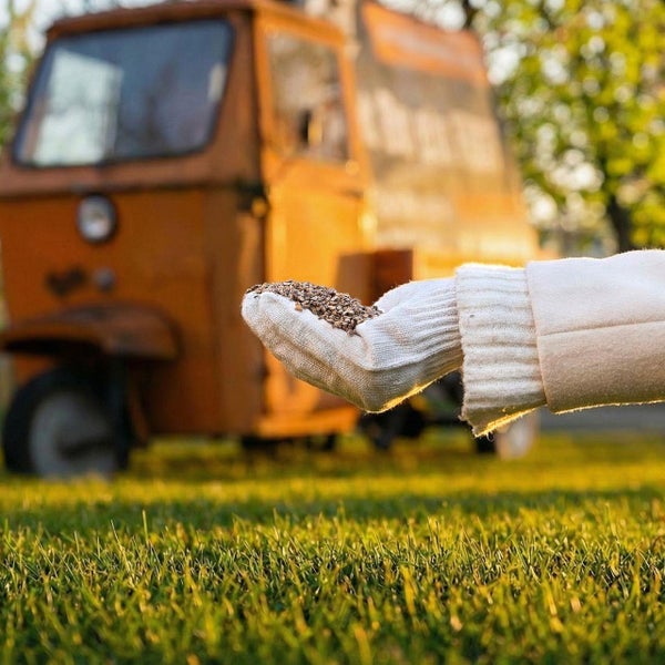 Eine Hand in einem Handschuh hält Vogelfutter vor einem gelben Transporter.