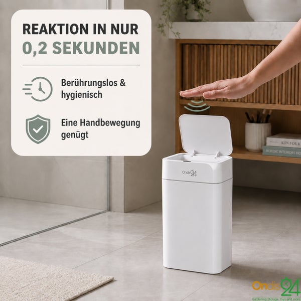 Sensor Abfalleimer von Ondis 24 mit automatischer Deckelöffnung durch Handbewegung für hygienische Abfallentsorgung im Badezimmer.