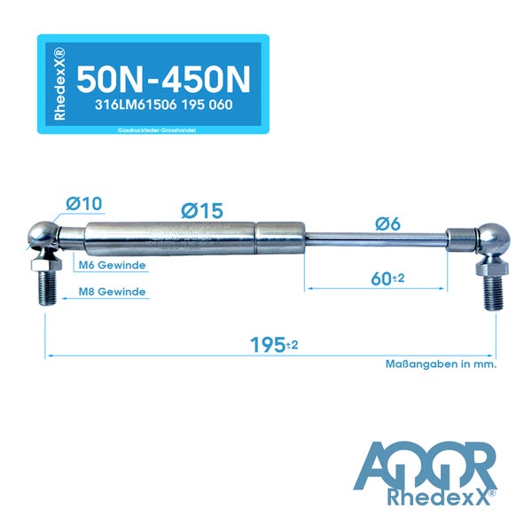 RhedexX Gasdruckfeder aus Metall, Gesamtlänge 195 Millimeter, Hub 60 Millimeter, Gewinde M6 und M8, Durchmesser 15 Millimeter. RhedexX Logo.