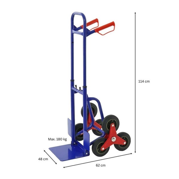 Treppenkarre aus Metall mit drei Rädern pro Seite, maximale Traglast 180 Kilogramm, Höhe 114 Zentimeter.
