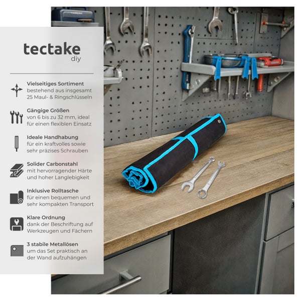 tectake Maul- und Ringschlüssel Set mit Rolltasche auf einer Werkbank