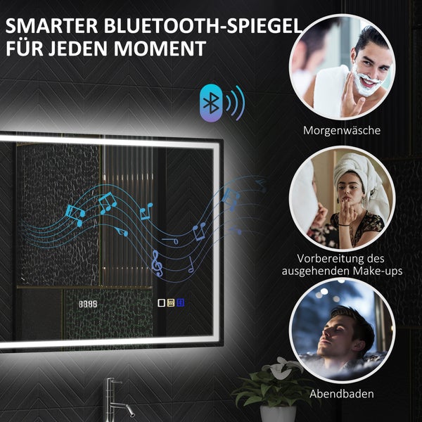 LED-Badspiegel mit Bluetooth-Lautsprecher, digitaler Uhrzeitanzeige und Touch-Bedienung. Illustrationen zeigen Rasieren, Schminken und Baden.