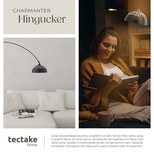 Frau liest unter einer Bogenlampe von tectake home in einem gemütlichen Wohnzimmer.
