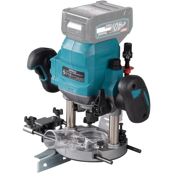 Makita Akku-Oberfräse RP001G 40 Volt Max XGT mit zwei Handgriffen und Staubabsaugung.