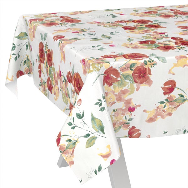 Tischdecke mit floralem Muster, rote Blumen und grüne Blätter.
