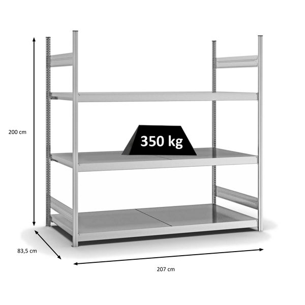 PROREGAL Weitspannregal Stecksystem T-Profil Grundregal HxBxT 200x200x80 cm 3 Ebenen Stahlplatten Fachboden Fachlast 350 kg Verzinkt