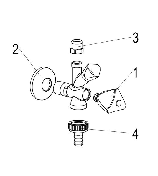 Explosionszeichnung eines Kombi-Eckventils mit Griff, Wandscheibe, Quetschverschraubung und Schlauchanschluss