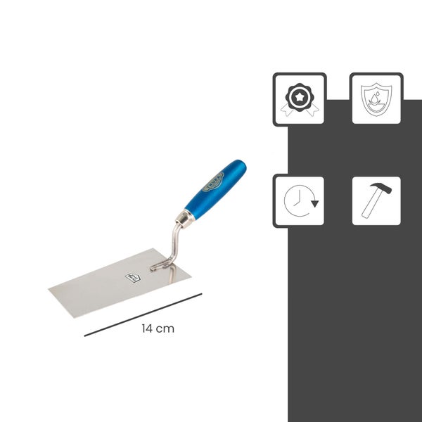 Gipserspachtel mit 14 Zentimeter langer Stahlklinge und blauem Griff.