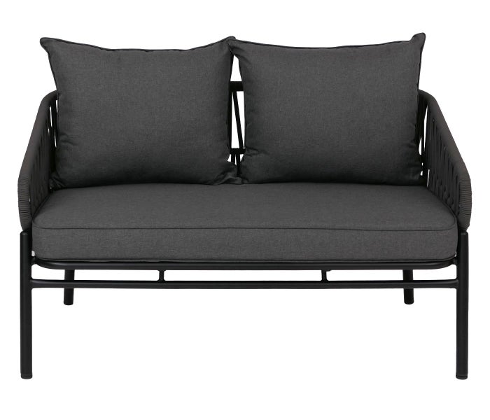 Zweisitzer-Gartensofa mit Metallgestell, Seilbespannung und grauen Polstern.