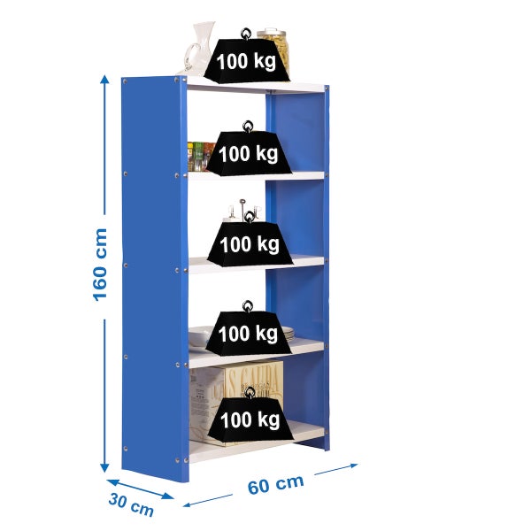 PROREGAL Wohnregal Living Luchs Metal mit 5 Fachböden HxBxT 160 x 60 x 30 cm Fachlast 100 kg Blau/Weiß