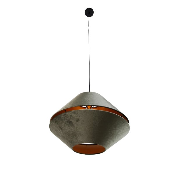 Moderne Pendelleuchte mit rautenförmigem Lampenschirm aus grauem Samt, kupferfarbener Innenseite und schwarzer Kabelaufhängung.