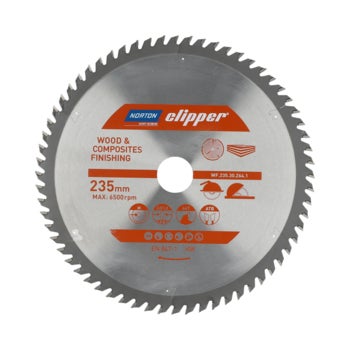 Norton Clipper Kreissägeblatt für Holz und Verbundwerkstoffe mit 235 Millimeter Durchmesser und 6500 Umdrehungen pro Minute maximaler Drehzahl