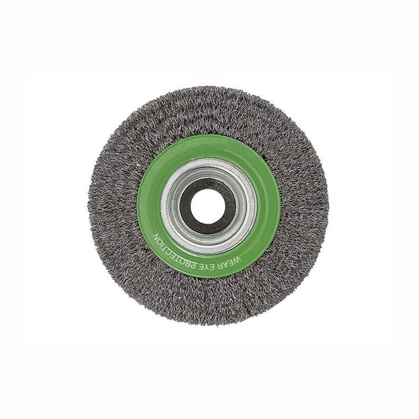 Drahtbürste mit dem Hinweis Augenschutz tragen