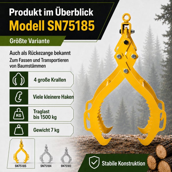 Rückezange Modell SN75185 zum Transportieren von Baumstämmen mit einer Traglast von 1500 Kilogramm und vier großen Krallen.