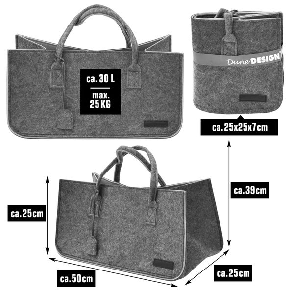 Filztasche mit 30 Liter Volumen und 25 Kilogramm Tragkraft inklusive Maßen und Dune Design Logo.