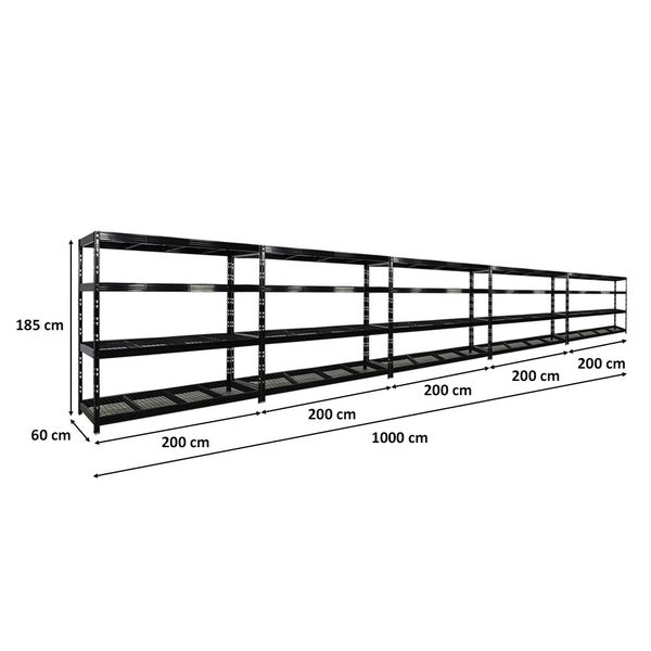PROREGAL Mega Deal 5x Profi Schwerlastregal Rhino HxBxT 180x200x60cm 4 Gitterrost-Ebenen Fachlast 500kg Schwarz