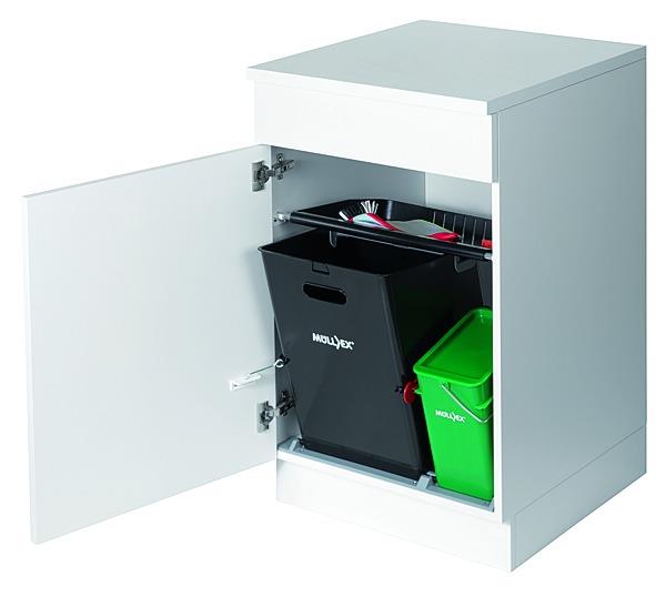 Einbaumülltrennsystem mit einem schwarzen und einem grünen Eimer in einem weißen Unterschrank.