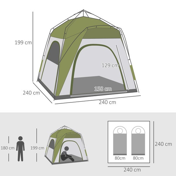 Outsunny Campingzelt, 4 Personen Zelt,   240 x 240 x 199 cm, Aluminiumlegierung,Glasfaser, Grün+Grau