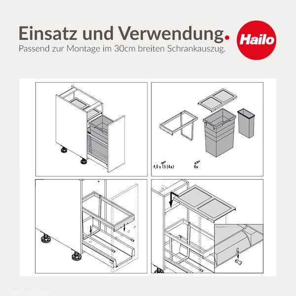 Hailo Logo und Montageanleitung für ein Mülltrennsystem in einem 30 Zentimeter breiten Schrankauszug mit Ansichten der verschiedenen Komponenten.