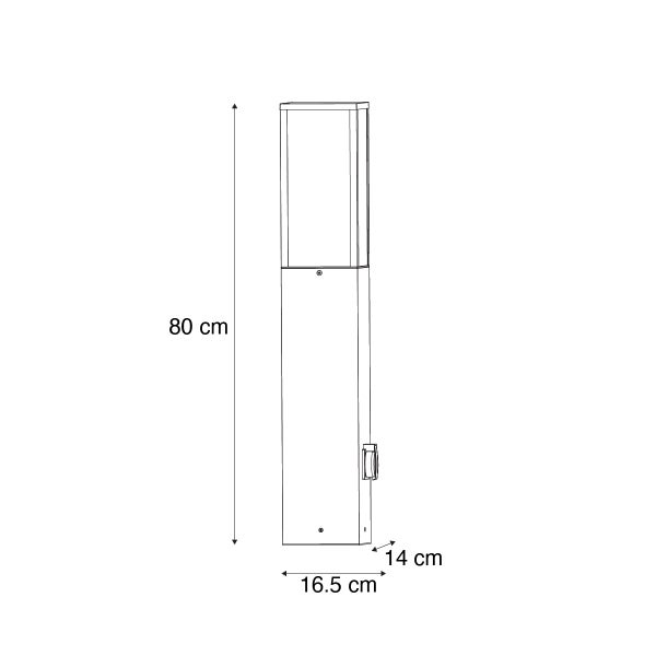 Maßzeichnung einer Wegeleuchte mit Steckdose, Höhe 80 Zentimeter, Breite 16,5 Zentimeter, Tiefe 14 Zentimeter.