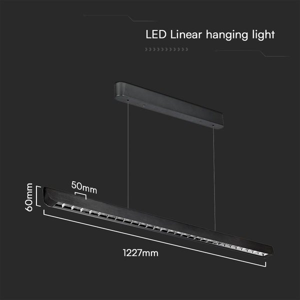 LED-Linear-Hängeleuchte mit den Maßen 1227 mm Länge, 60 mm Höhe und 50 mm Breite.