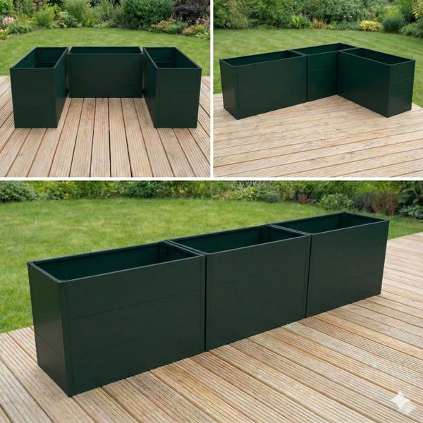 Modulares Hochbeet-System aus Metall in Dunkelgrün, verschiedene Aufstellmöglichkeiten wie U-Form, L-Form oder gerade Linie auf einer Holzterrasse.