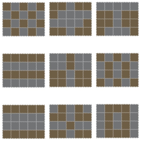 Neun verschiedene Verlegemuster für ineinandergreifende Bodenschutzmatten in Puzzleform.
