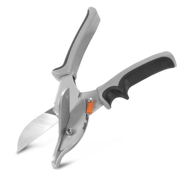 Gehrungsschere aus Metall mit grau und schwarzen ergonomischen Kunststoffgriffen für exakte Schnitte.