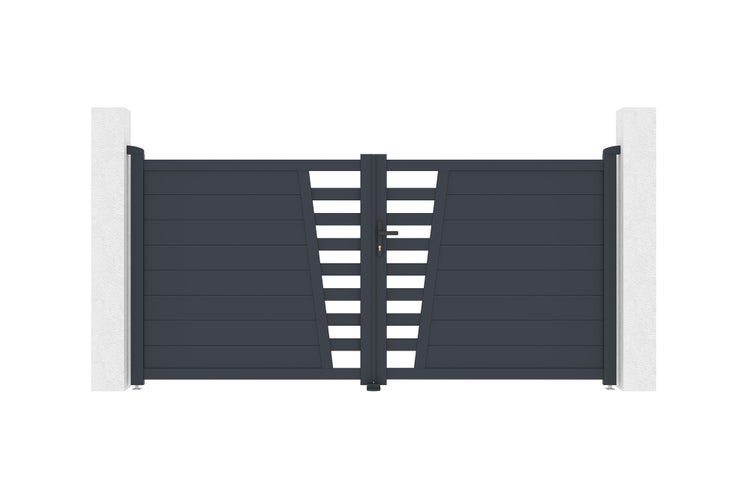 Zweiflügeliges Einfahrtstor aus Aluminium in Anthrazit mit horizontalen Paneelen und mittigem Lamellendesign zwischen zwei Pfeilern.