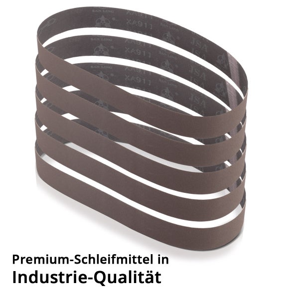 Fünf braune Schleifbänder für Bandschleifer in Industrie-Qualität, übereinander gestapelt.