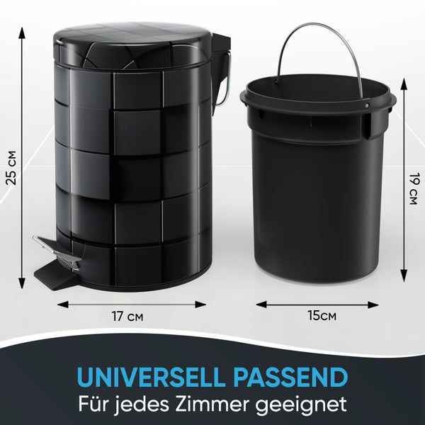 Abfalleimer mit Fußpedal und herausnehmbarem Inneneimer, Maße sind dargestellt
