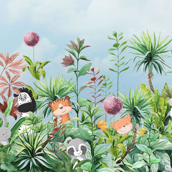 Illustration von Dschungelpflanzen und Tieren wie Zebra, Tiger, Waschbär, Kaninchen und Fuchs