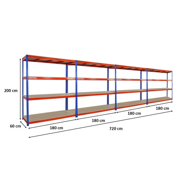 PROREGAL Mega Deal 4x Profi Schwerlastregal Bison HxBxT 200 x 180 x 60 cm 4 Fachböden Fachlast 600 kg Blau-Orange