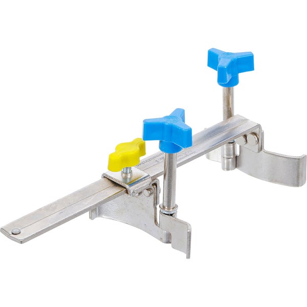 Küchenhängeschrank-Montagehilfe aus Metall mit blauen und gelben Kunststoffschrauben