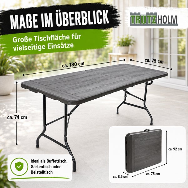 Trutzholm Klapptisch mit Holzoptik Tischplatte und Metallgestell inklusive Maßangaben für Terrasse oder Garten.
