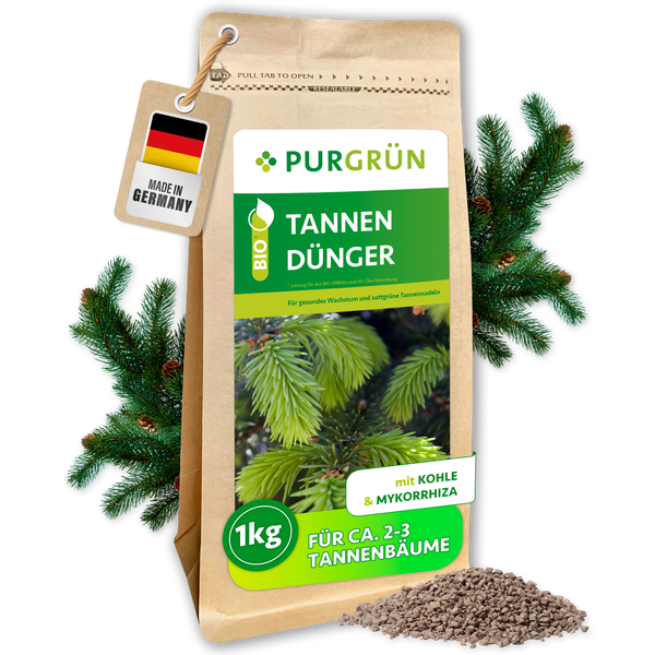 Eine Packung Purgrün Bio Tannendünger mit einem Kilogramm Inhalt und natürlichen Inhaltsstoffen wie Kohle und Mykorrhiza.