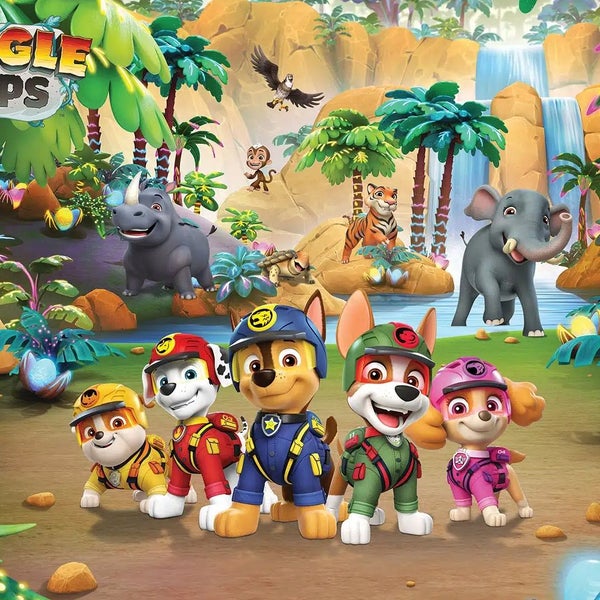 PAW Patrol Jungle Pups Tapete mit Rubble, Marshall, Chase, Rocky und Skye in einer hellen Dschungelszene mit Wasserfällen und Wildtieren.