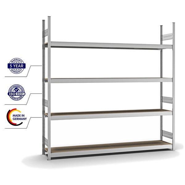 PROREGAL Weitspannregal Stecksystem T-Profil Grundregal HxBxT 250x250x40 cm 4 Ebenen Spanplatten Fachboden Fachlast 350 kg Verzinkt