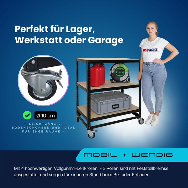 Rollregal mit drei Ablageflächen und vier Rollen, geeignet für Lager, Werkstatt oder Garage