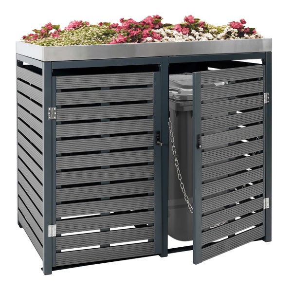 Mülltonnenbox mit bepflanztem Dach und einer Mülltonne