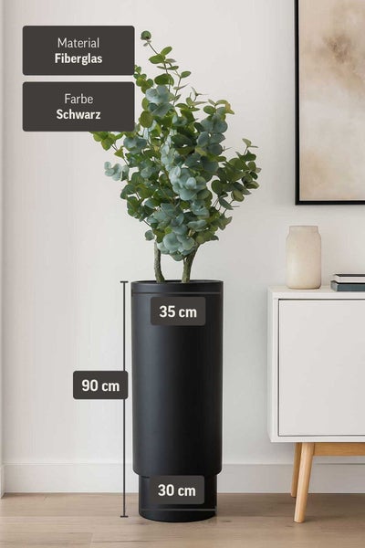 Hoher zylindrischer Pflanzkübel aus Fiberglas in Schwarz, Höhe 90 Zentimeter, Durchmesser oben 35 Zentimeter, Durchmesser unten 30 Zentimeter.