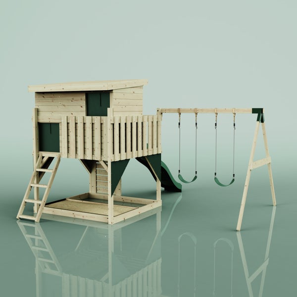 Spielturm aus Holz mit Spielhaus, Rutsche, zwei Schaukeln, Leiter und integriertem Sandkasten.